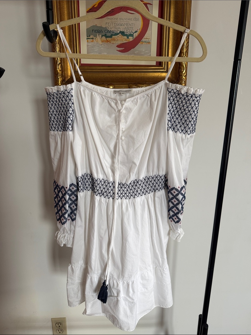 Rebecca Minkoff White Off-Shoulder Embroidered Tunic with Navy Accents